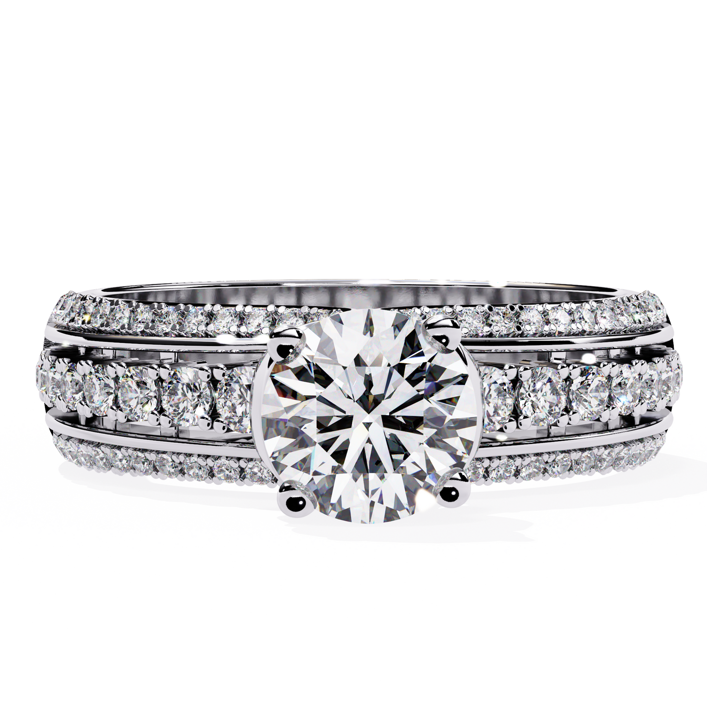 Triad Radiance – Lab Diamond Triple Row Ring with Solitaire Center in 14K Gold
