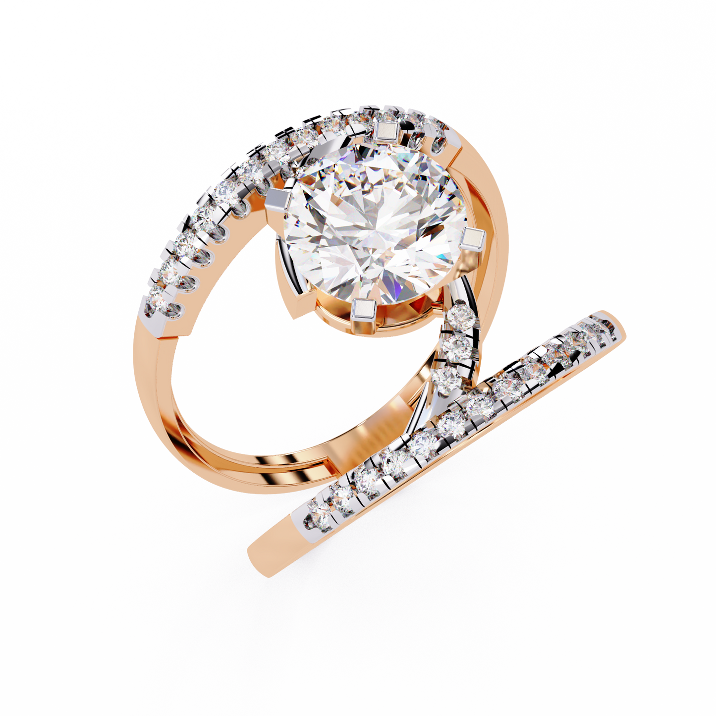 Celestial Wrap – Diamond Orbit Shank Ring with Solitaire in 14K Gold
