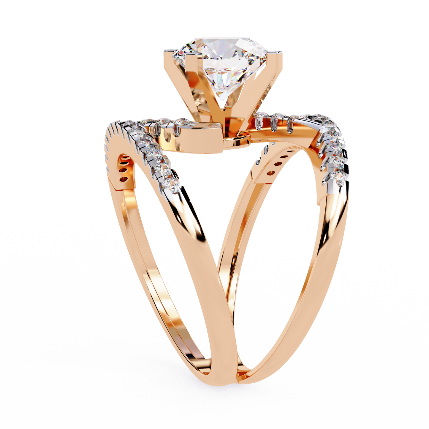 Celestial Wrap – Diamond Orbit Shank Ring with Solitaire in 14K Gold