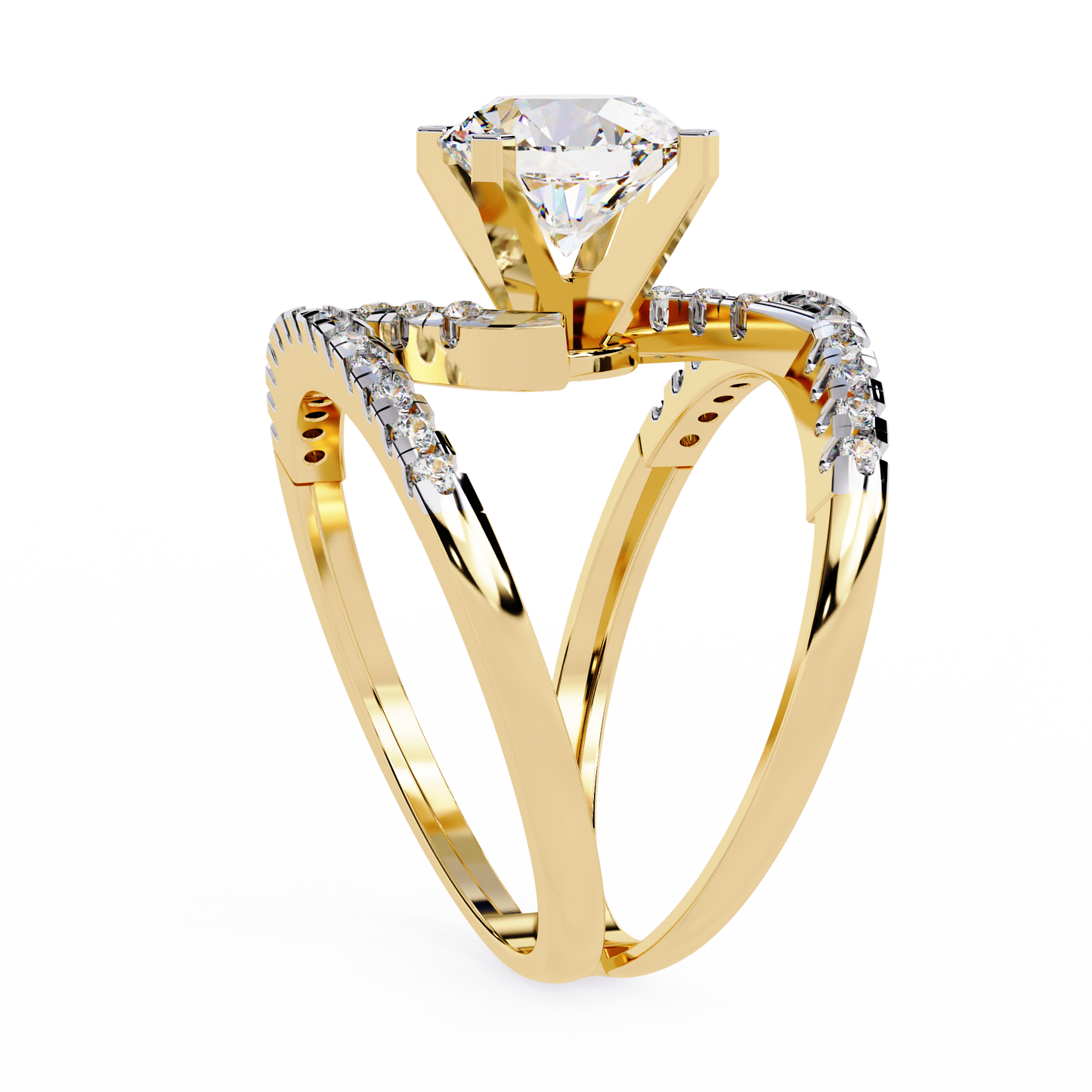 Celestial Wrap – Diamond Orbit Shank Ring with Solitaire in 14K Gold