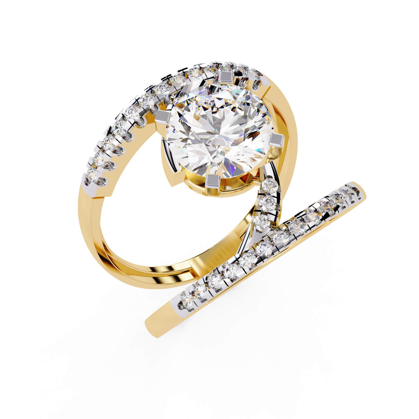 Celestial Wrap – Diamond Orbit Shank Ring with Solitaire in 14K Gold