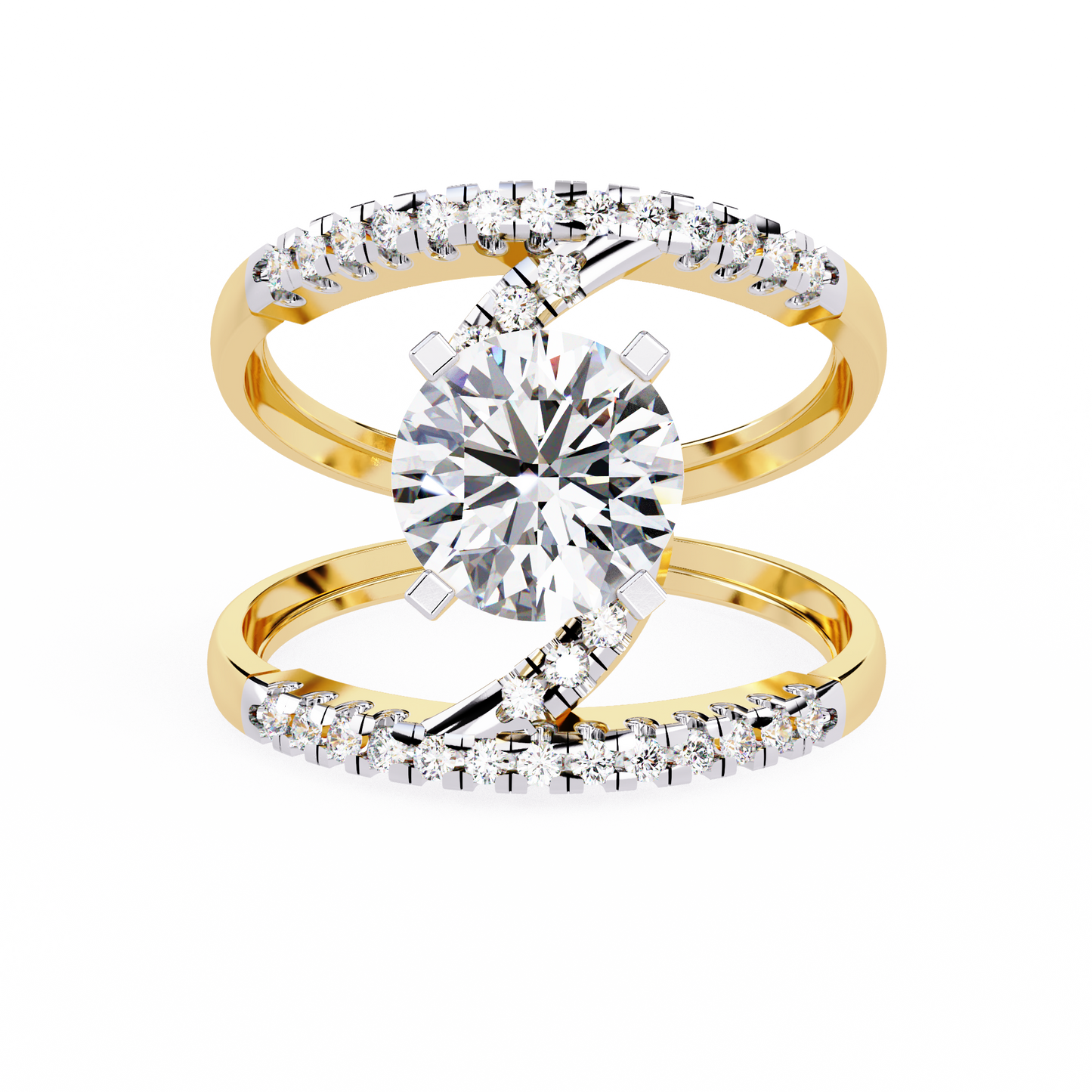 Celestial Wrap – Diamond Orbit Shank Ring with Solitaire in 14K Gold