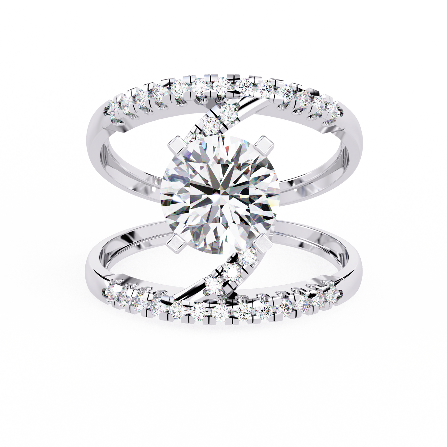 Celestial Wrap – Diamond Orbit Shank Ring with Solitaire in 14K Gold