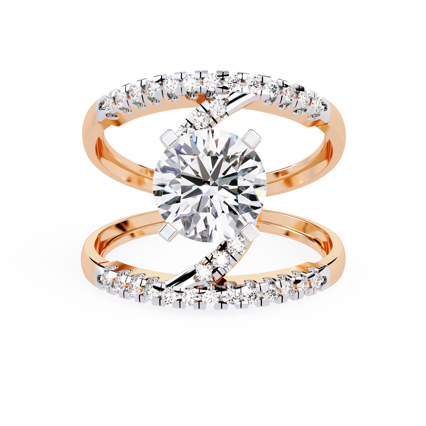 Celestial Wrap – Diamond Orbit Shank Ring with Solitaire in 14K Gold