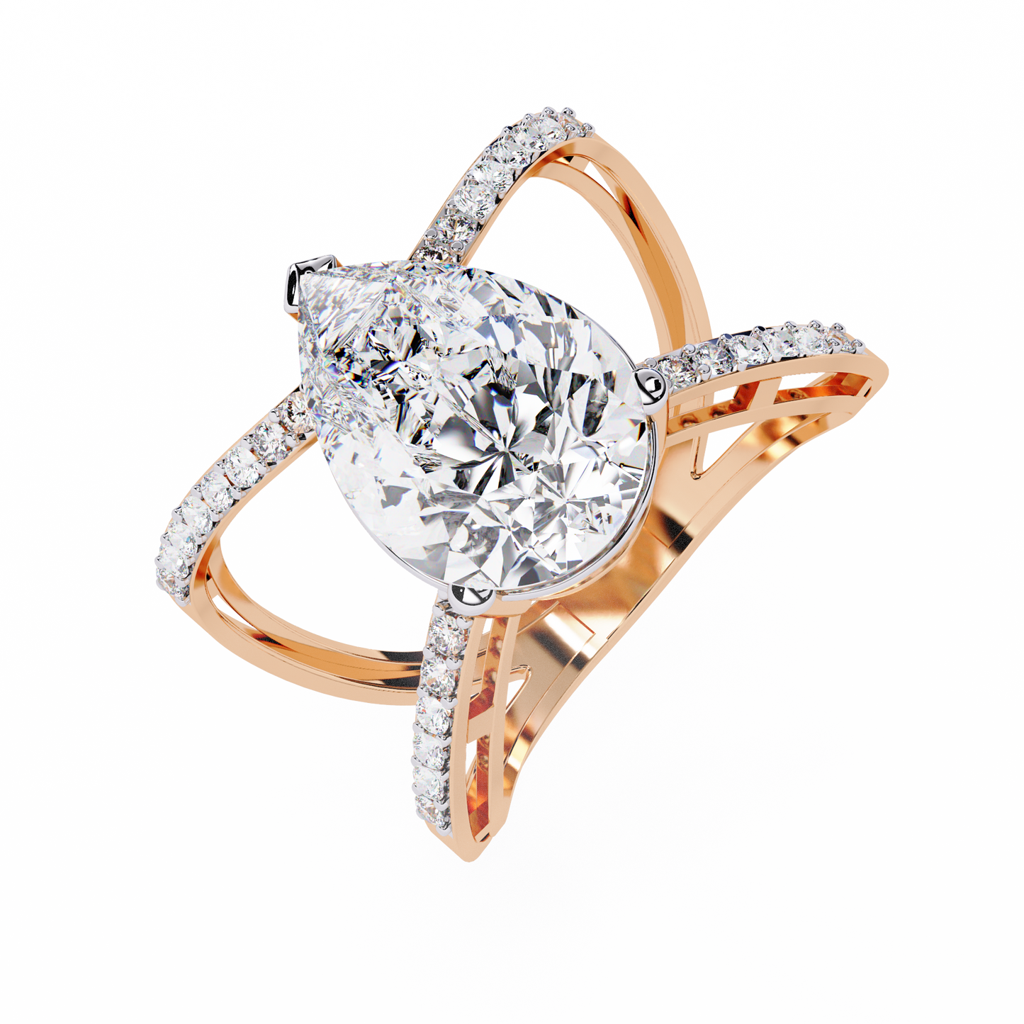 Infinite Grace – Diamond Pear Ring with Split Criss-Cross Shank in 14K Gold