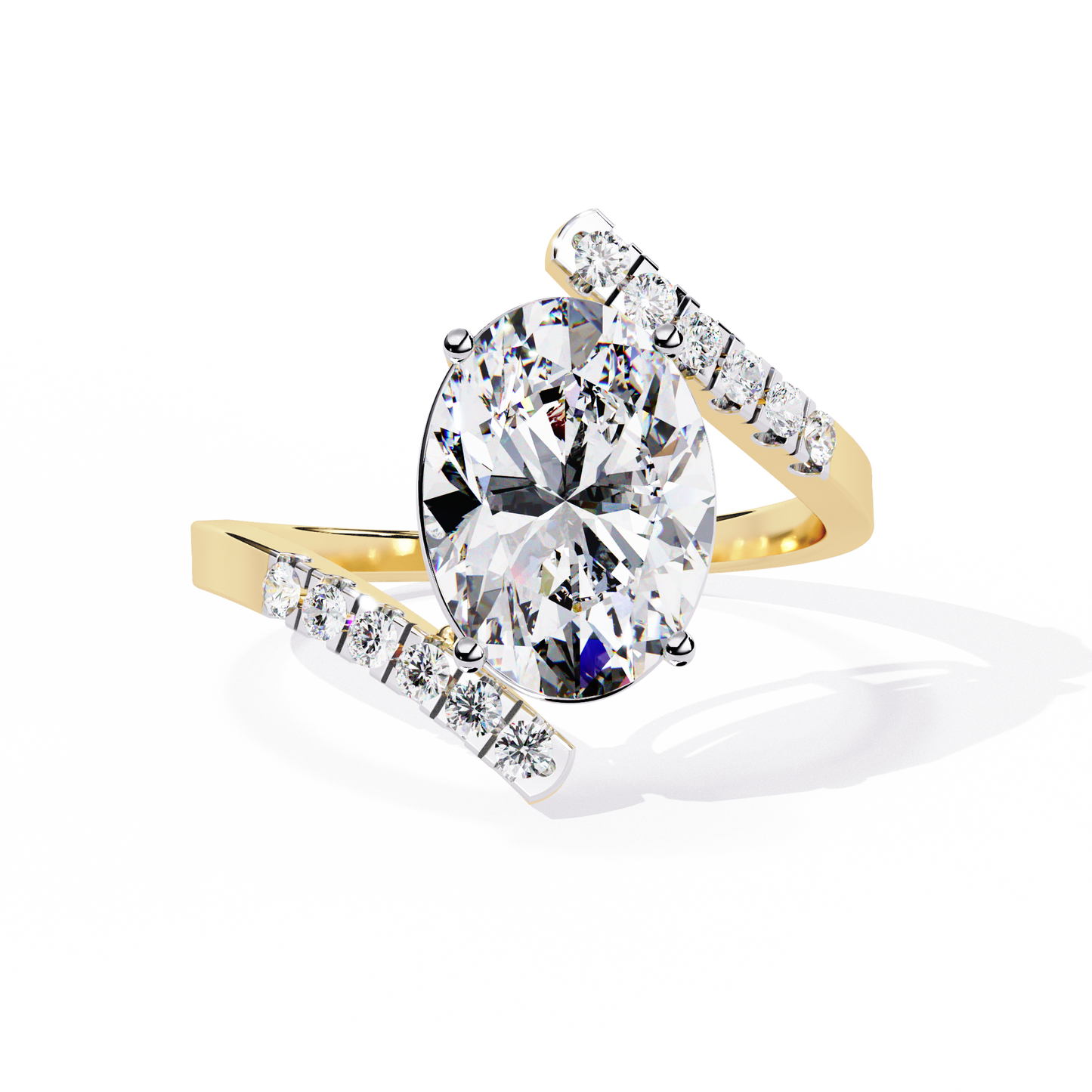 Radiant Sweep – Diamond Oval Solitaire Ring with Angled Pavé Band in 14K Gold
