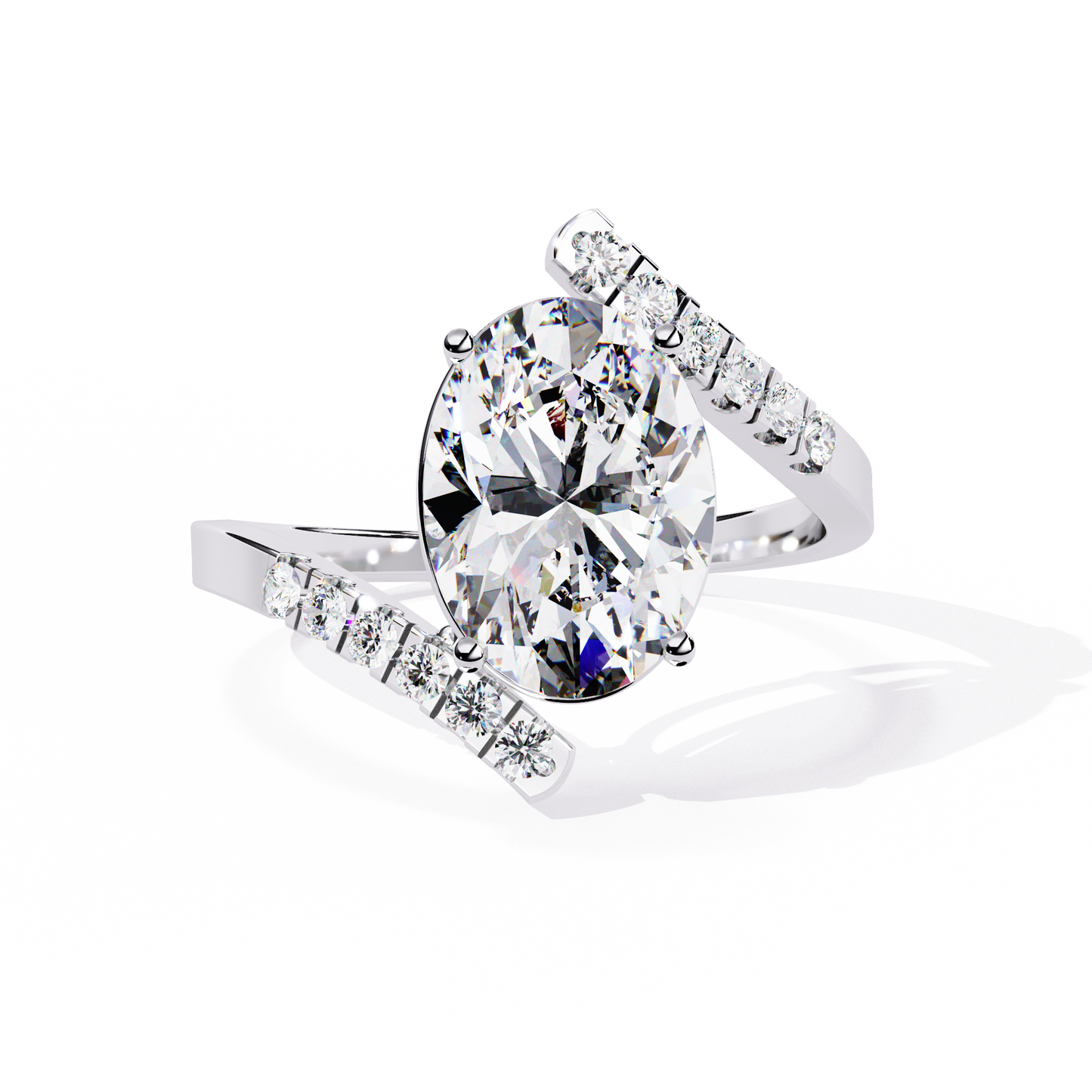 Radiant Sweep – Diamond Oval Solitaire Ring with Angled Pavé Band in 14K Gold