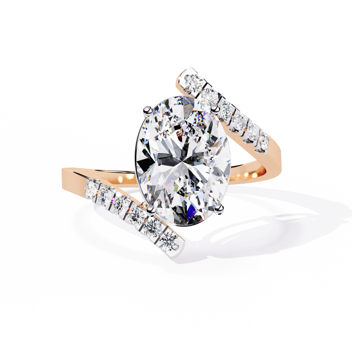 Radiant Sweep – Diamond Oval Solitaire Ring with Angled Pavé Band in 14K Gold