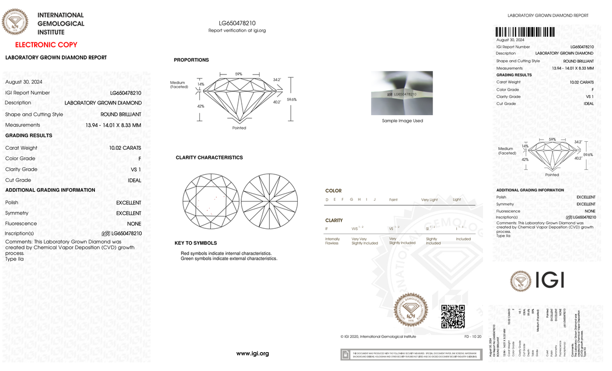 10.02 Carat Round Cut Lab Grown Diamond – F VS1, Ideal Cut | IGI