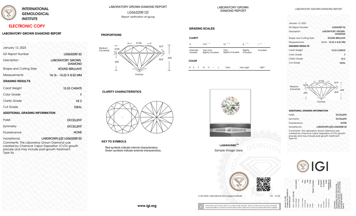 10.33 Carat Round Cut Lab Grown Diamond – F VS2, Ideal Cut | IGI