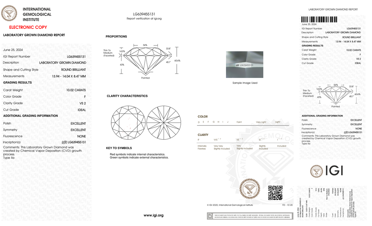 10.02 Carat Round Cut Lab Grown Diamond – F VS2, Ideal Cut | IGI
