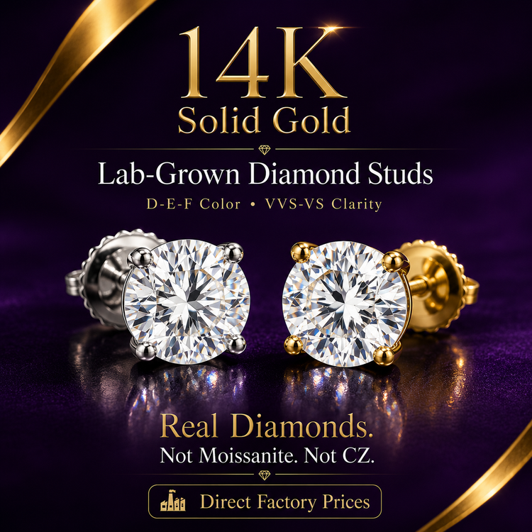 14K solid gold lab-grown diamond stud earrings in yellow and white gold with D-E-F color and VVS-VS clarity, real diamonds not moissanite or CZ