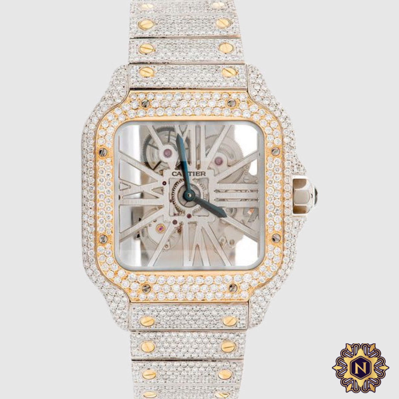 ICED OUT CARTIER
SANTOS SKELETON
40MM TWO TONE
DIAMOND WATCH 20.2CT.