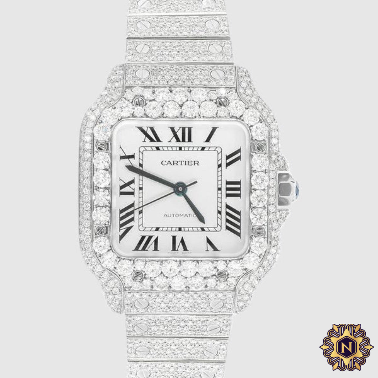 ICED OUT CARTIER
SANTOS 35MM
DIAMOND WATCH 14.7CT.