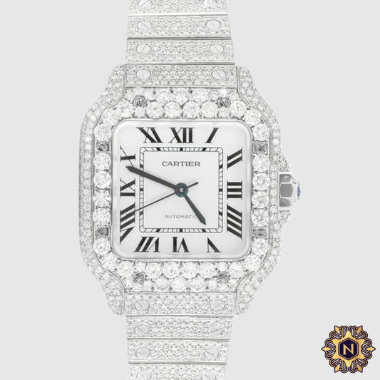 ICED OUT CARTIER
SANTOS 35MM
DIAMOND WATCH 14.7CT.