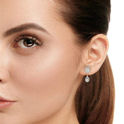 Duo Halo – Emerald & Pear Diamond Drop Earrings in 14K Gold