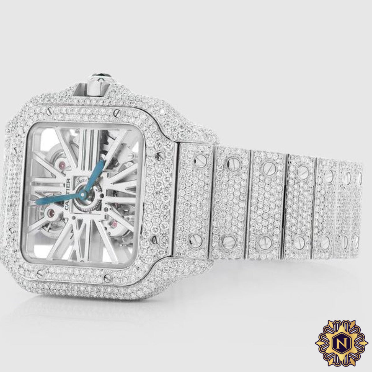 ICED OUT CARTIER SANTOS SKELETON 40MM STAINLESS STEEL DIAMOND WATCH 20.2CT.