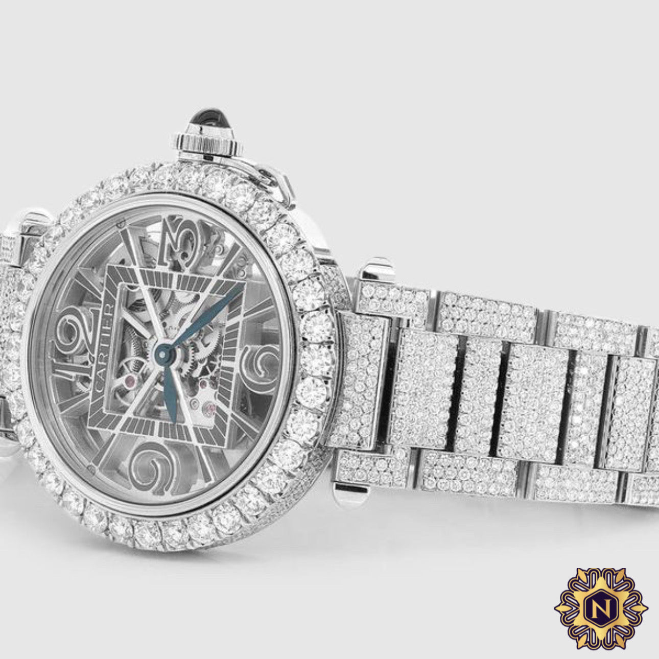 ICED OUT BALLON DE
CARTIER SKELETON
41MM STAINLESS STEEL WATCH 28.7CT.