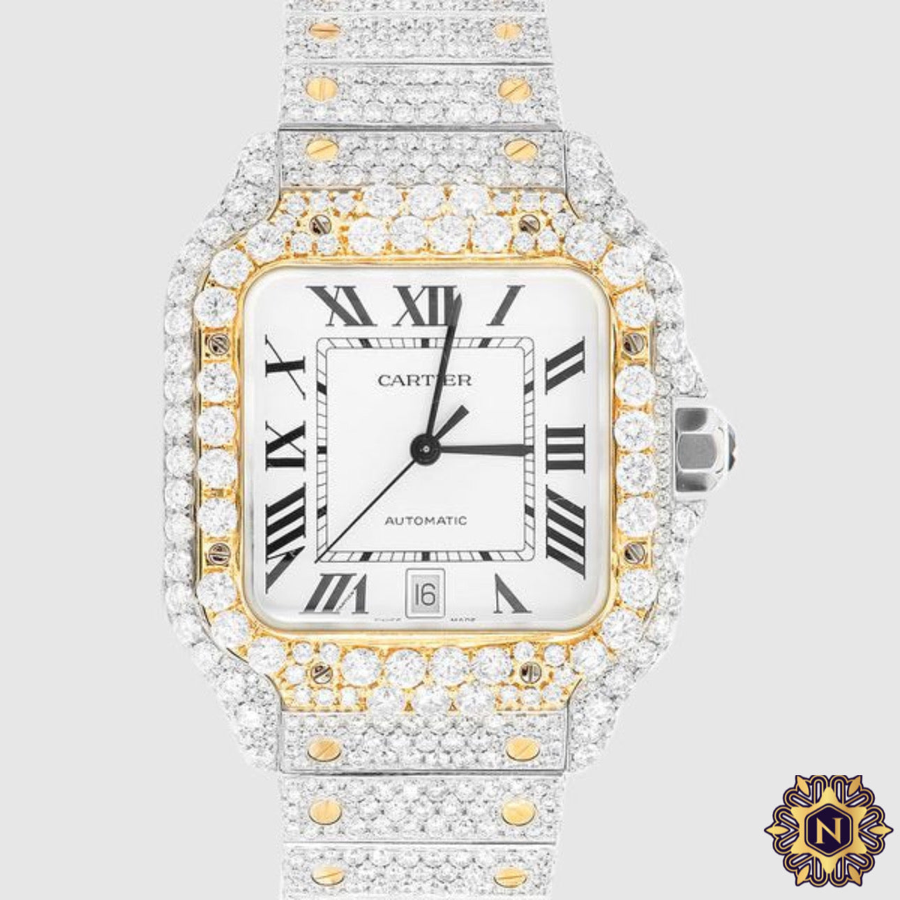 ICED OUT CARTIER
SANTOS TWO TONE
40MM DIAMOND
WATCH 22.5CT.