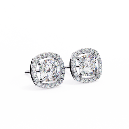Aurora Bloom – Cushion Halo Diamond Stud Earrings in 14K Gold
