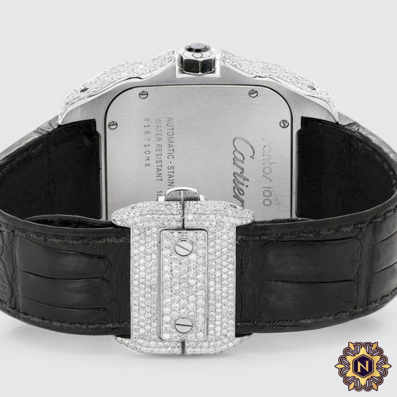 DIAMOND CARTIER
SANTOS 100
STAINLESS STEEL
BLACK BAND WATCH 11.8CT.