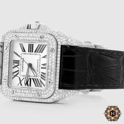 DIAMOND CARTIER
SANTOS 100
STAINLESS STEEL
BLACK BAND WATCH 11.8CT.