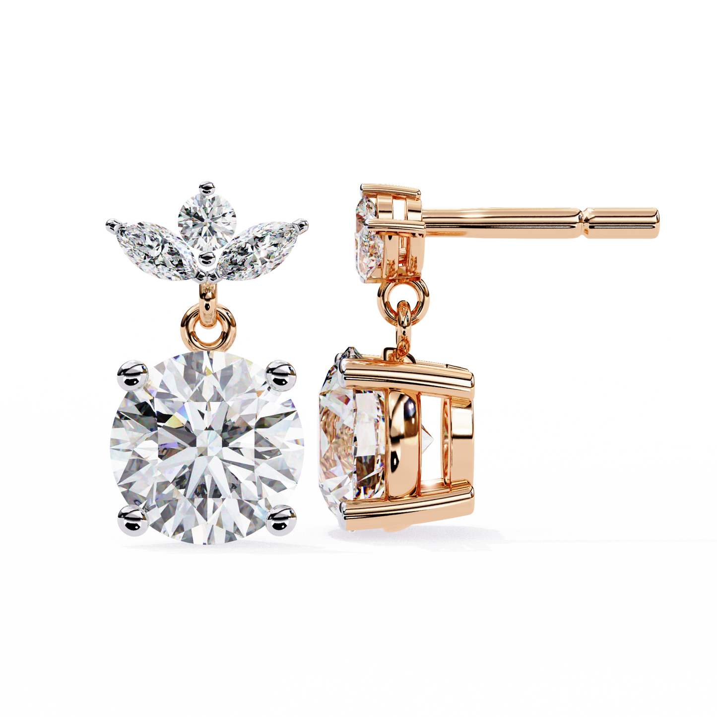 Twin Bloom – Marquise & Round Lab Diamond Double-Leaf Earrings