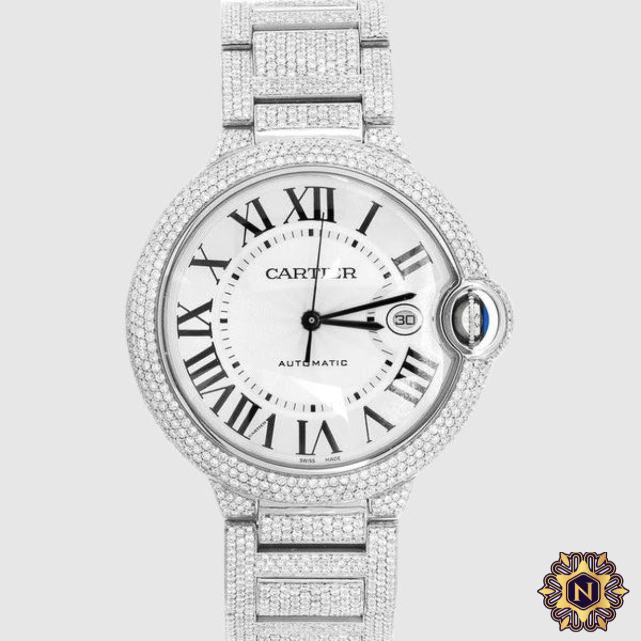 ICED OUT BALLON DE
CARTIER 42MM
STAINLESS STEEL
WATCH 25.2CT.