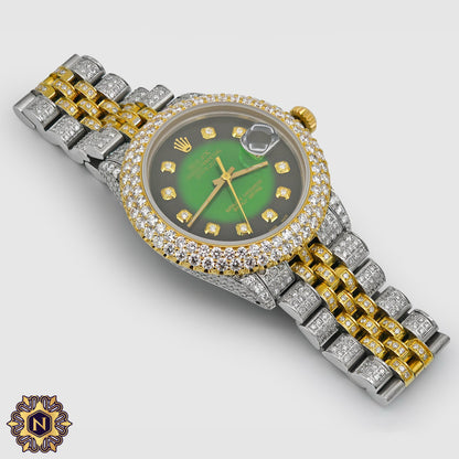 ICED OUT ROLEX
DATEJUST 36MM TWO-TONE GREEN DIAL 12.2CT.