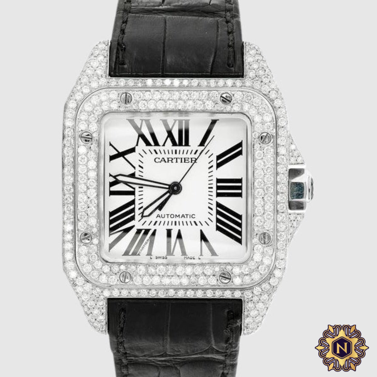 DIAMOND CARTIER
SANTOS 100
STAINLESS STEEL
BLACK BAND WATCH 11.8CT.