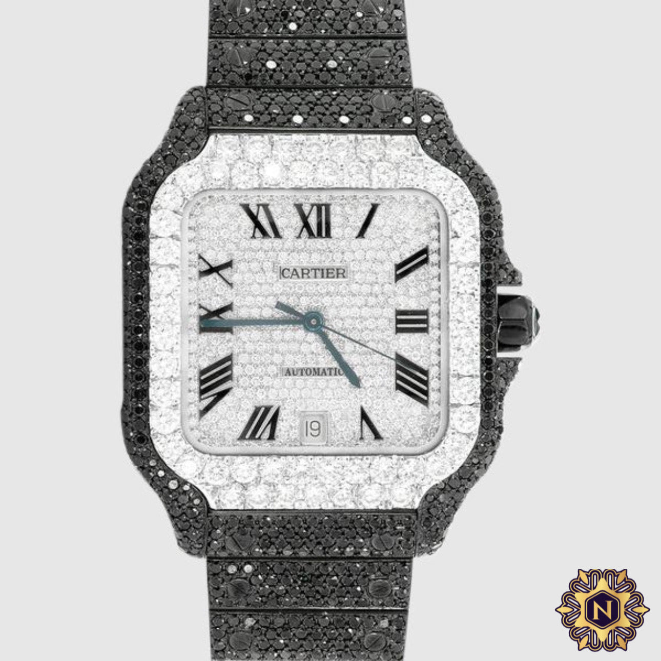 ICED OUT CARTIER
SANTOS 40MM BLACK
DIAMOND WATCH 23.5CT.