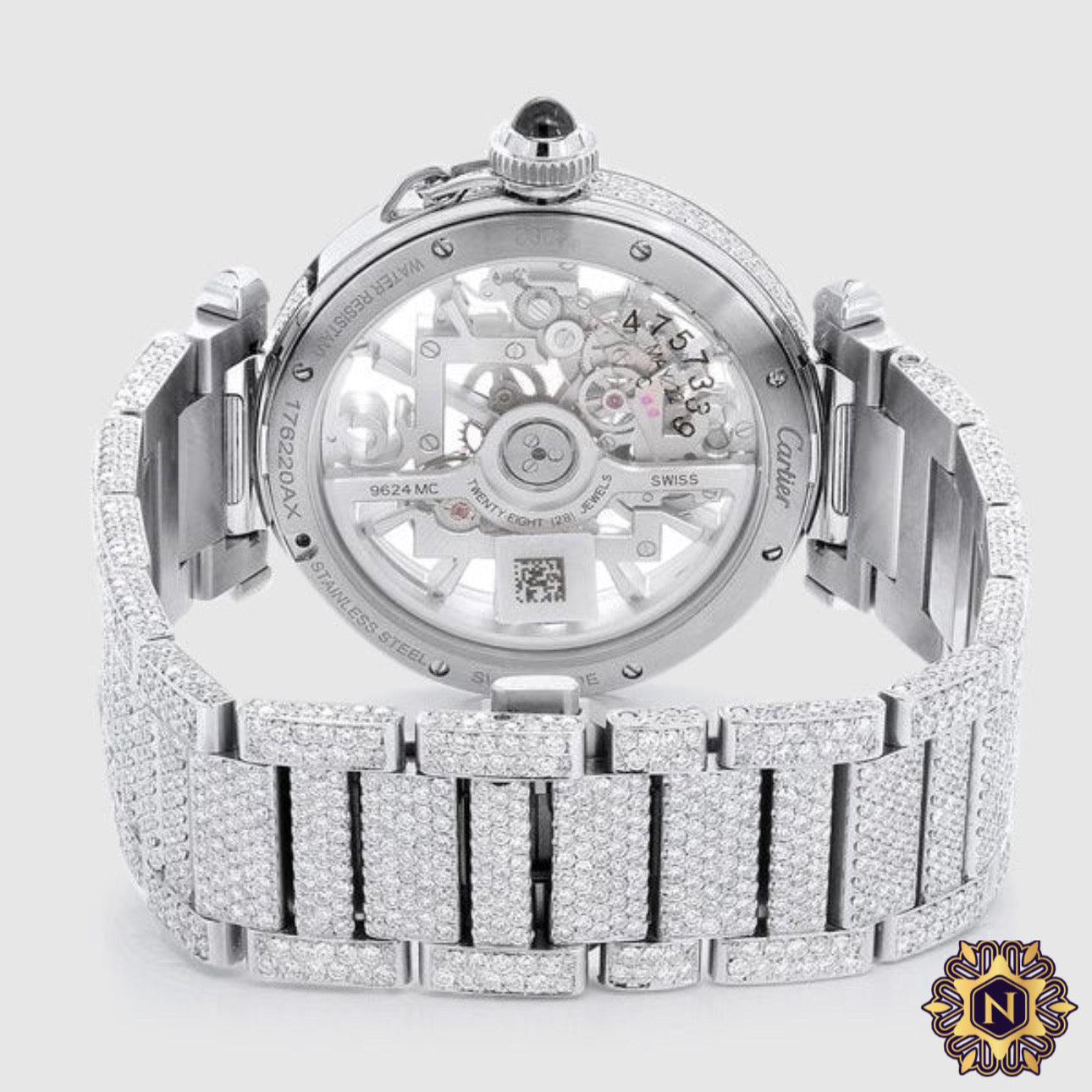 ICED OUT BALLON DE
CARTIER SKELETON
41MM STAINLESS STEEL WATCH 28.7CT.