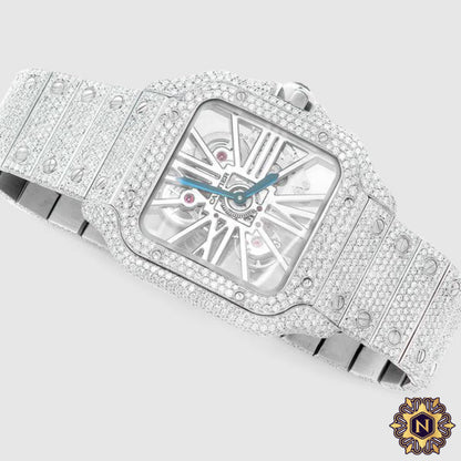 ICED OUT CARTIER SANTOS SKELETON 40MM STAINLESS STEEL DIAMOND WATCH 20.2CT.