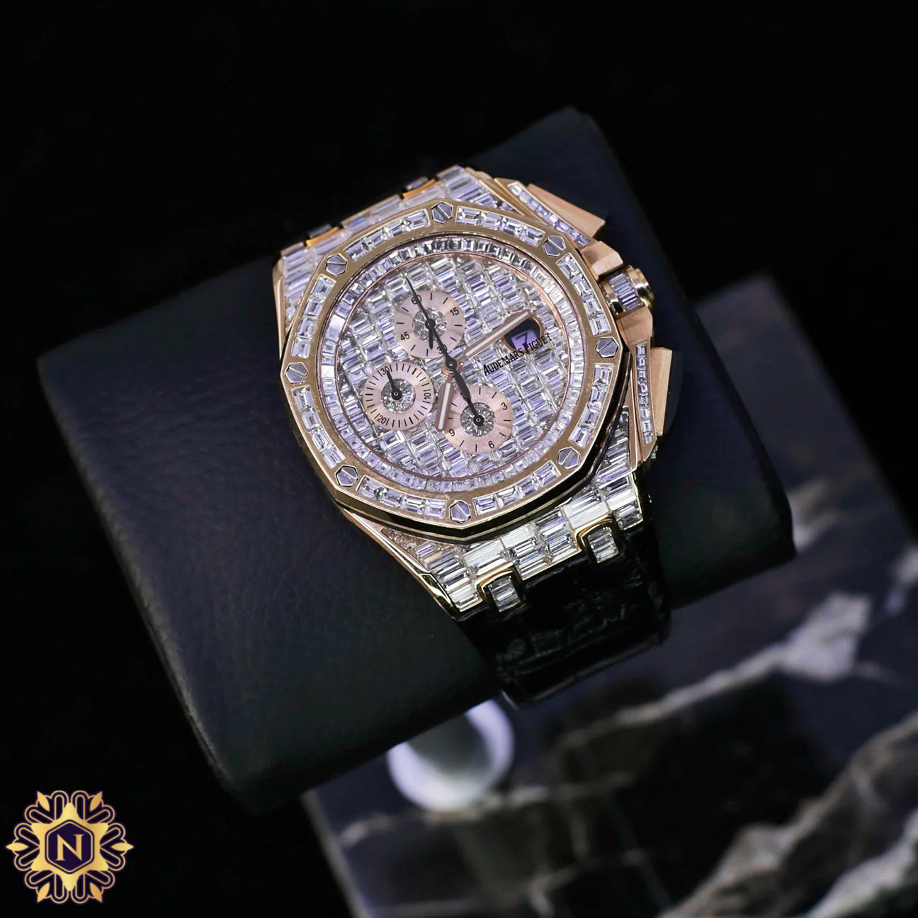 Custom Iced Out Audemars Piguet Royal Oak Offshore Chronograph 42mm, Black alligator leather | Diamond Dial | 18k Rose Gold Case I Mens Watch,