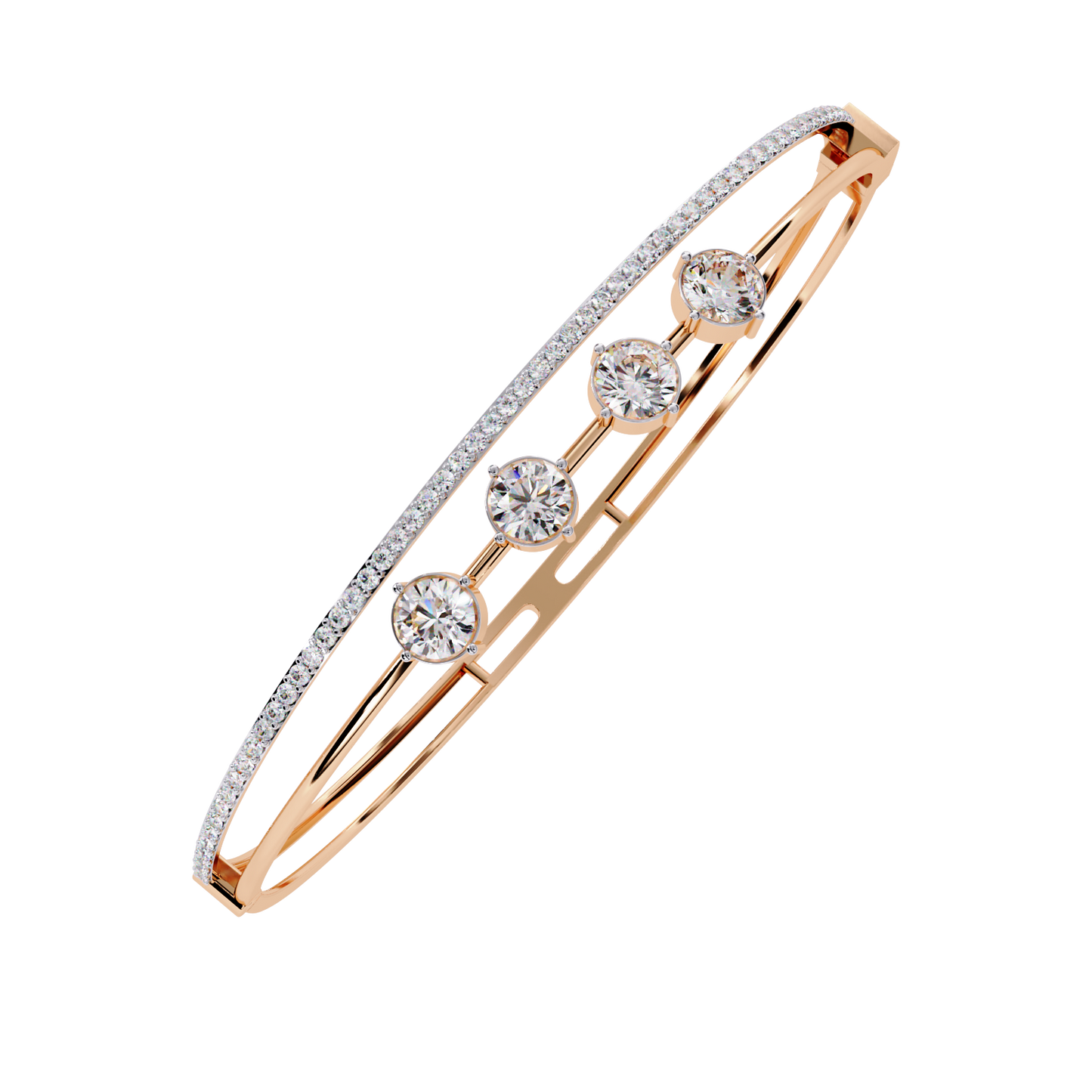 Horizon Row – Four Stone Diamond Bangle with Pavé Rail in 14K Gold