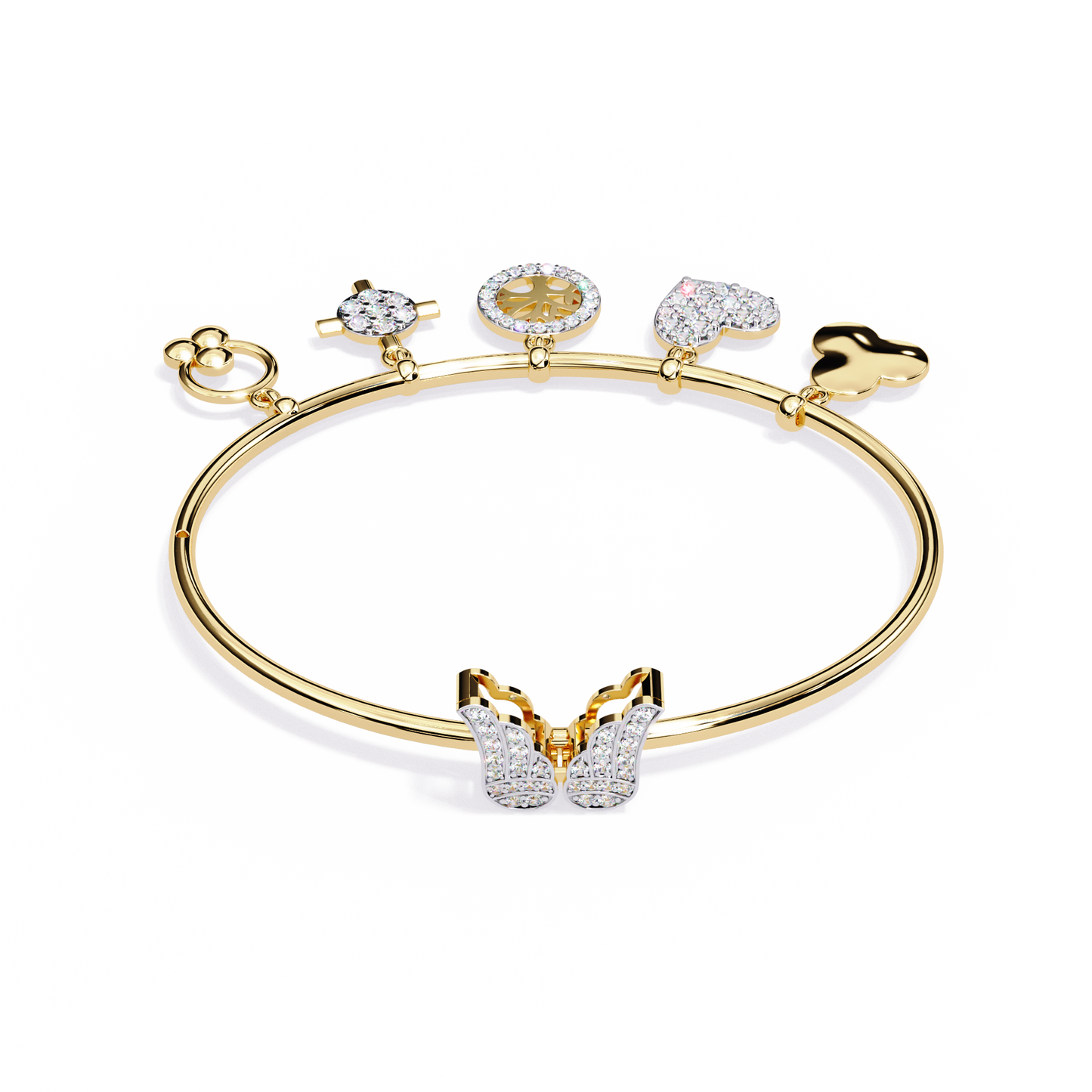 Celestial Charms – Diamond Gold Bangle with Dangling Motifs
