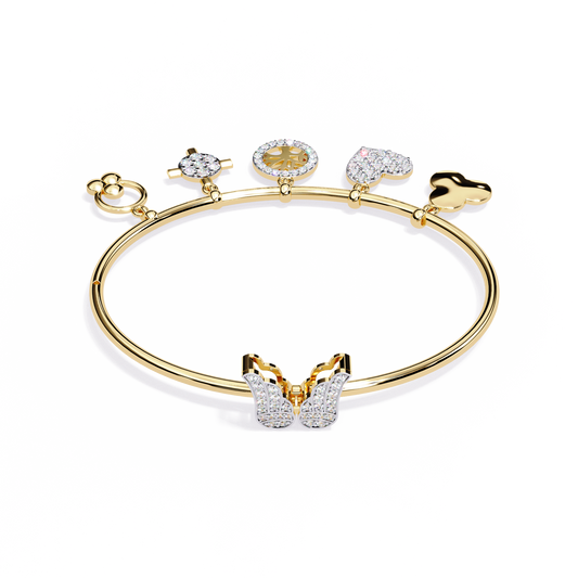 Celestial Charms – Diamond Gold Bangle with Dangling Motifs