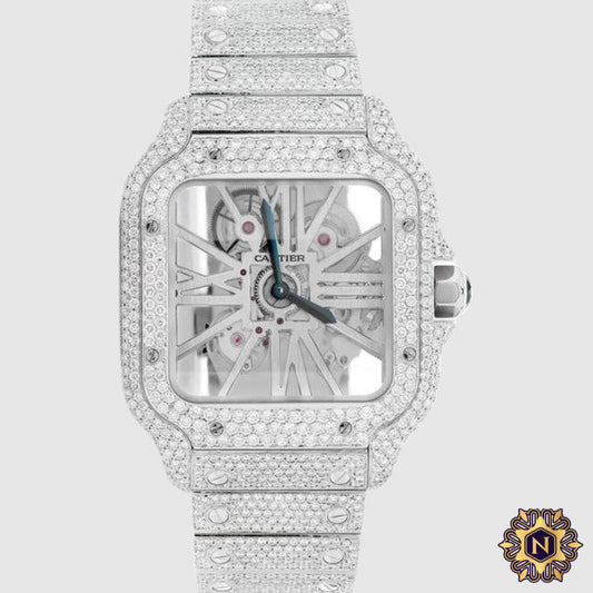 ICED OUT CARTIER SANTOS SKELETON 40MM STAINLESS STEEL DIAMOND WATCH 20.2CT.