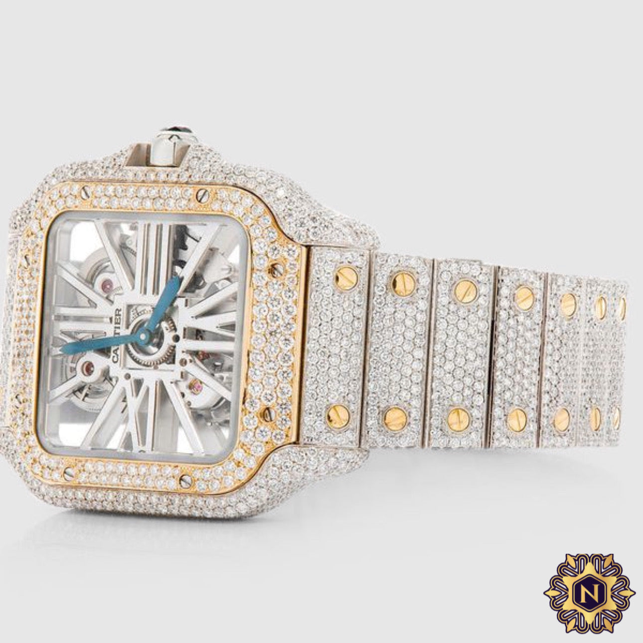 ICED OUT CARTIER
SANTOS SKELETON
40MM TWO TONE
DIAMOND WATCH 20.2CT.