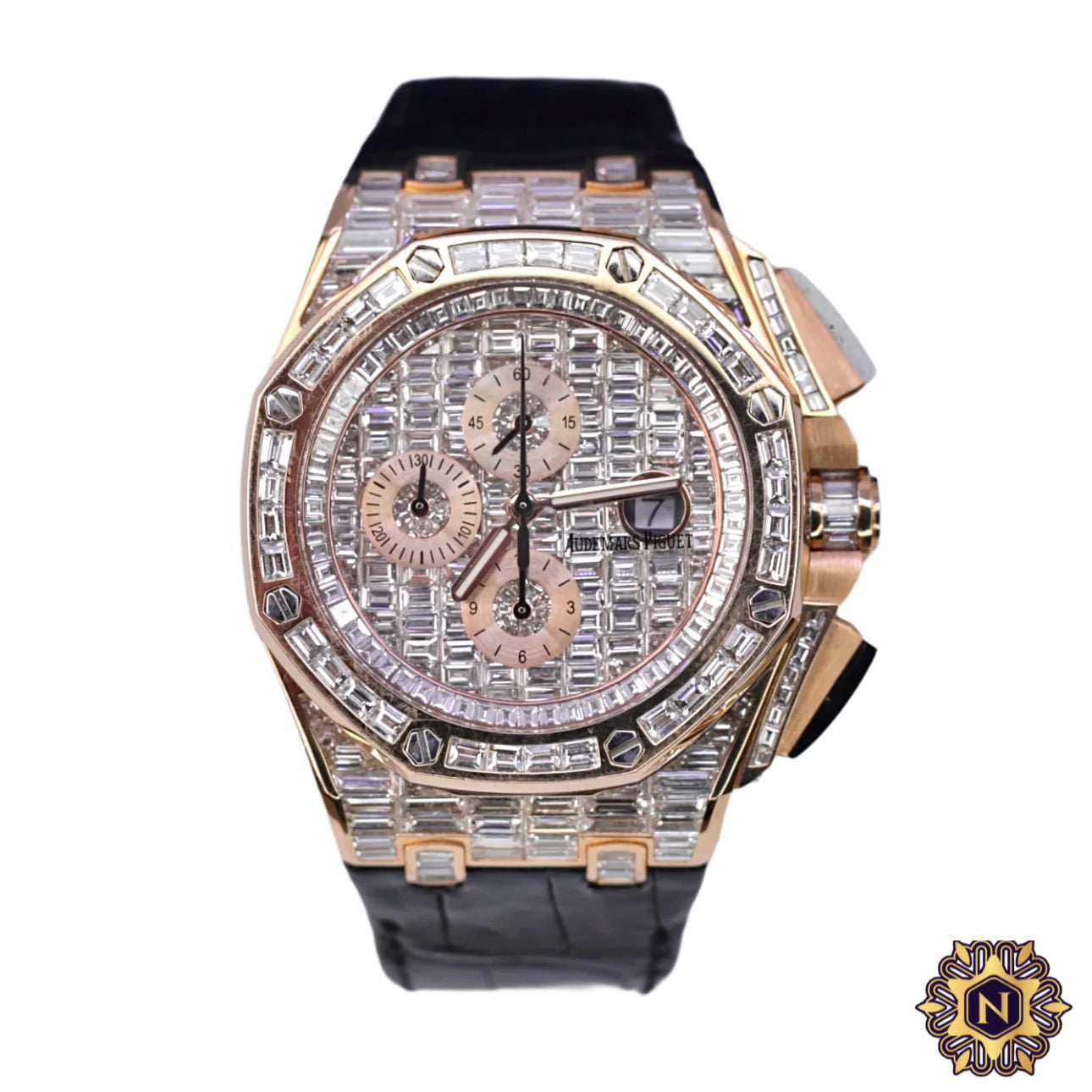 Custom Iced Out Audemars Piguet Royal Oak Offshore Chronograph 42mm, Black alligator leather | Diamond Dial | 18k Rose Gold Case I Mens Watch,