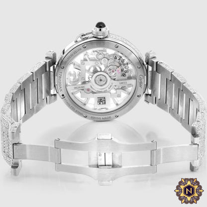 ICED OUT BALLON DE
CARTIER SKELETON
41MM STAINLESS STEEL WATCH 28.7CT.