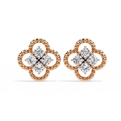 Ornate Clover – Lab Diamond Stud Earrings with Beaded Gold Detail in 14K