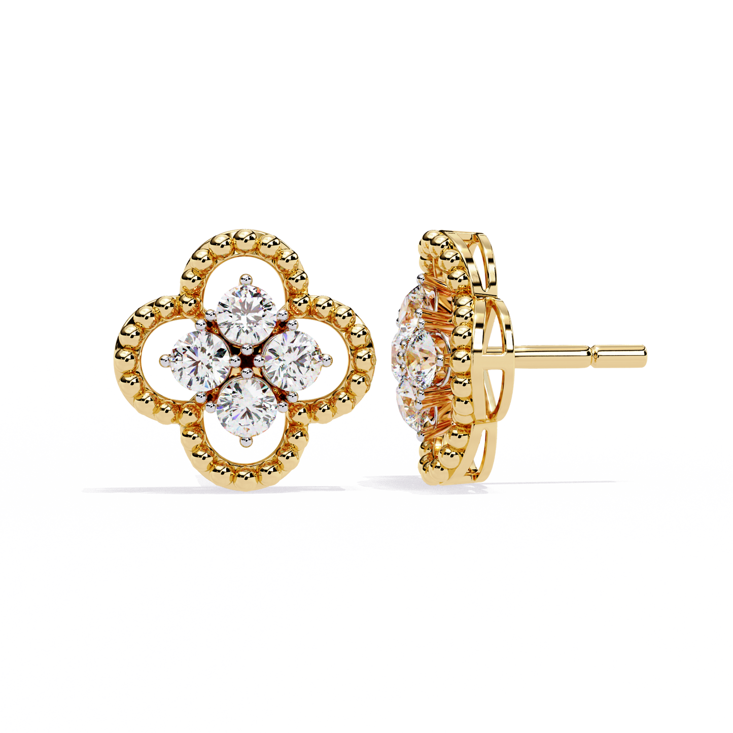 Ornate Clover – Lab Diamond Stud Earrings with Beaded Gold Detail in 14K