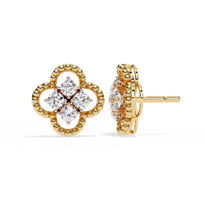 Ornate Clover – Lab Diamond Stud Earrings with Beaded Gold Detail in 14K