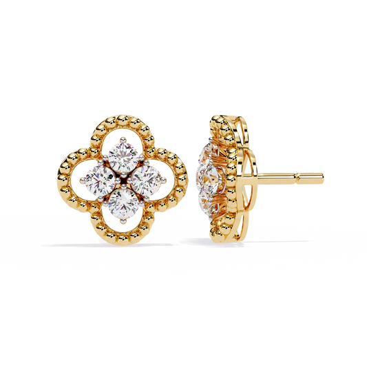 Ornate Clover – Lab Diamond Stud Earrings with Beaded Gold Detail in 14K