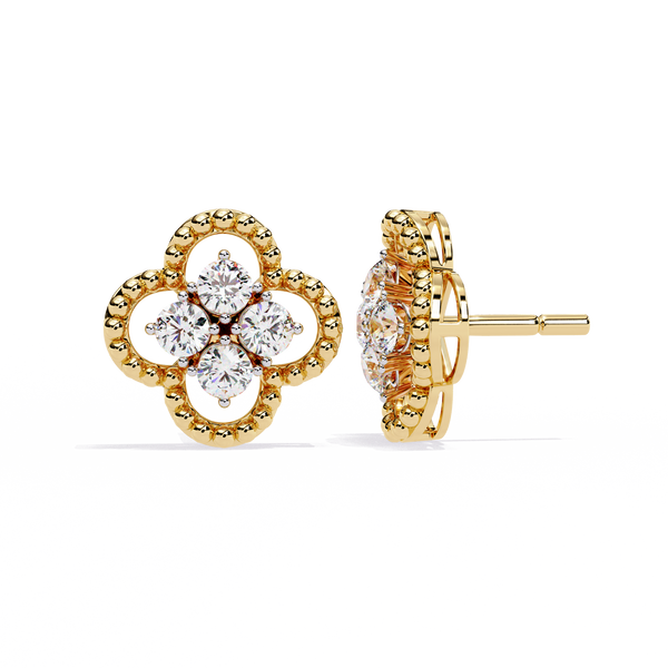 Ornate Clover – Diamond Stud Earrings with Beaded Gold Detail in 14K