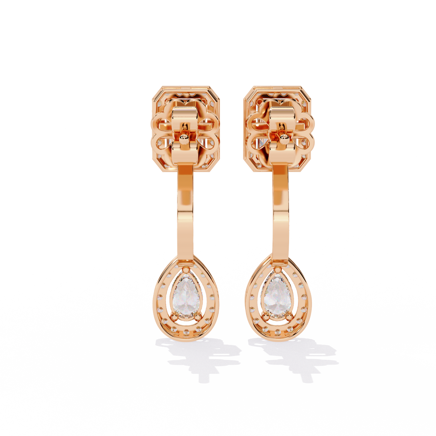 Duo Halo – Emerald & Pear Diamond Drop Earrings in 14K Gold
