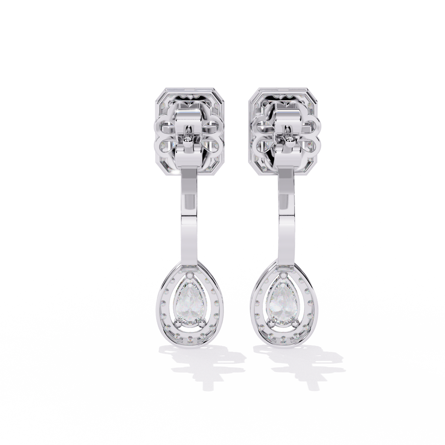 Duo Halo – Emerald & Pear Diamond Drop Earrings in 14K Gold