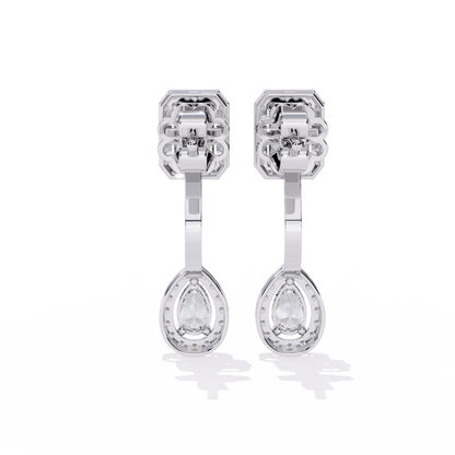 Duo Halo – Emerald & Pear Diamond Drop Earrings in 14K Gold