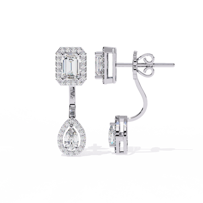 Duo Halo – Emerald & Pear Diamond Drop Earrings in 14K Gold